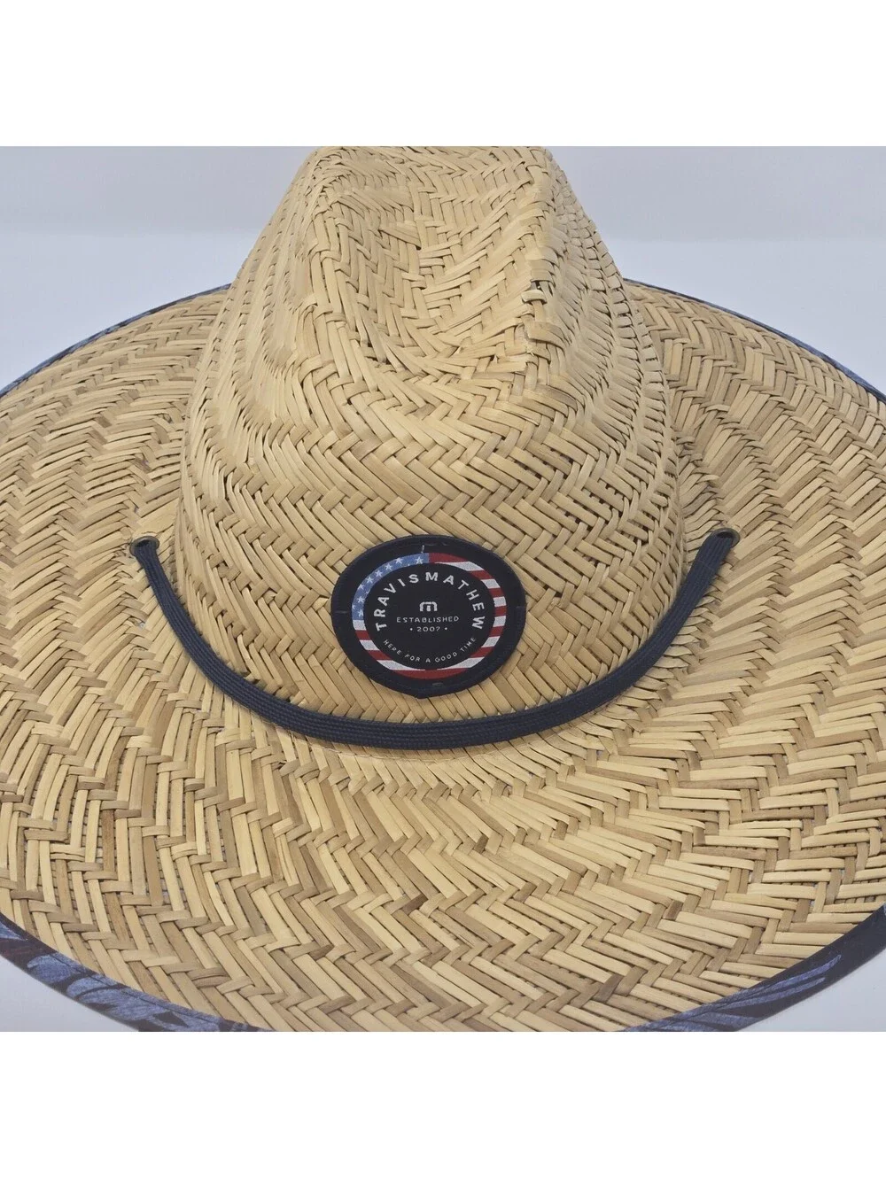 TravisMathew Straw Lifeguard Sun Hat Wide Brim Chin Strap Blue Trim New One Size